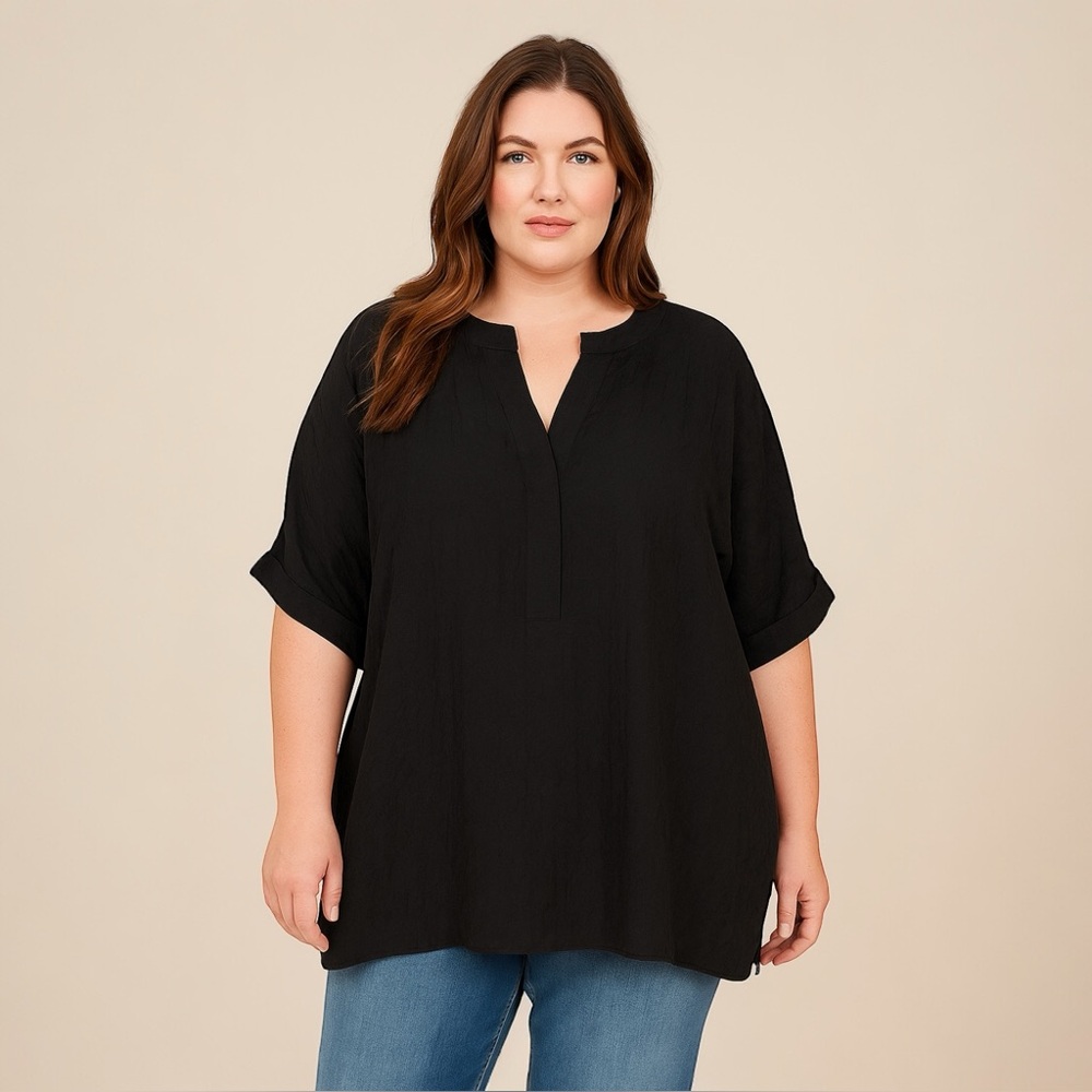 Chico's Top Women's Size 4 (2X) Black Houndstooth Jacquard Crinkle Popover NWT